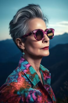 A 50 year old Caucasian woman smiling at the top of a mountain peak with blue skies and clouds in the background. (generative AI)