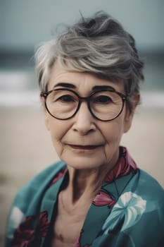 A 50-year-old Caucasian woman is being portrayed on a sandy beach near the ocean. (generative AI)