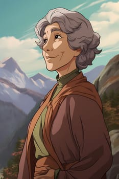 A 50 year old Caucasian woman smiling at the top of a mountain peak with blue skies and clouds in the background. (generative AI)