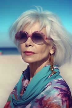 A 50-year-old Caucasian woman is being portrayed on a sandy beach near the ocean. (generative AI)