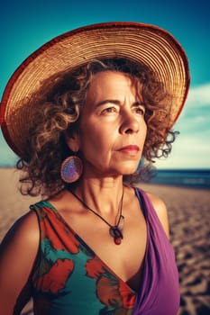 A 50-year-old Latina woman is being portrayed on a beautiful beach. (generative AI)