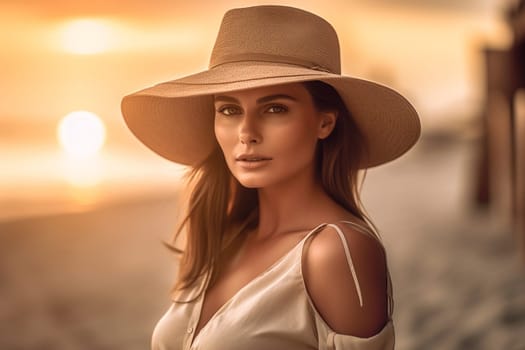 A 50-year-old Latina woman is being portrayed on a beautiful beach. (generative AI)
