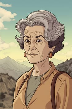 A 50 year old Caucasian woman smiling at the top of a mountain peak with blue skies and clouds in the background. (generative AI)