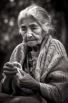 A 50-year-old Mexican woman is depicted knitting in a park surrounded by nature (generative AI)