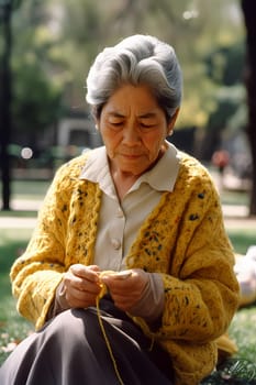 A 50-year-old Mexican woman is depicted knitting in a park surrounded by nature (generative AI)