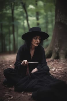 A 50-year-old Mexican woman is depicted knitting in a park surrounded by nature (generative AI)