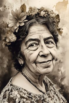 A 50-year-old Hispanic woman stands in a flower-filled garden with a serene expression. (generative AI)