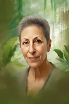 A 50-year-old Hispanic woman stands in a flower-filled garden with a serene expression. (generative AI)