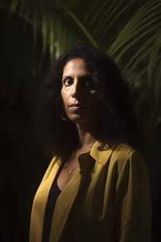 A 50-year-old Hispanic woman stands in a flower-filled garden with a serene expression. (generative AI)