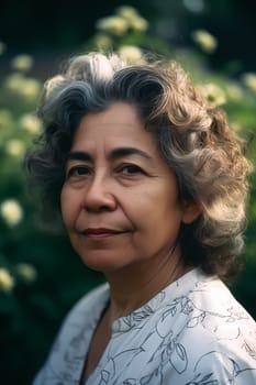 A 50-year-old Hispanic woman stands in a flower-filled garden with a serene expression. (generative AI)
