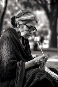 A 50-year-old Mexican woman is depicted knitting in a park surrounded by nature (generative AI)