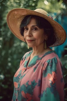 A 50-year-old Hispanic woman stands in a flower-filled garden with a serene expression. (generative AI)