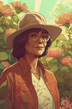 A 50-year-old Hispanic woman stands in a flower-filled garden with a serene expression. (generative AI)