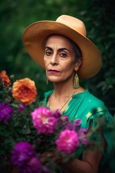 A 50-year-old Hispanic woman stands in a flower-filled garden with a serene expression. (generative AI)
