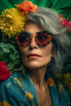 A 50-year-old Hispanic woman stands in a flower-filled garden with a serene expression. (generative AI)