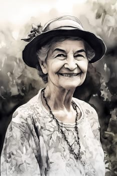 A 50-year-old Hispanic woman stands in a flower-filled garden with a serene expression. (generative AI)