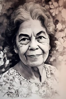 A 50-year-old Hispanic woman stands in a flower-filled garden with a serene expression. (generative AI)