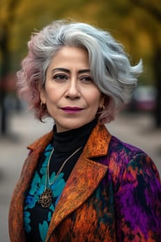 A 50 year old Hispanic woman is surrounded by trees and greenery in a peaceful city park. (generative AI)