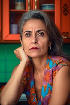 A 50 year old Latina woman is being portrayed in a cozy kitchen. (generative AI)