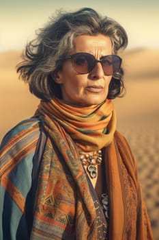 A 50-year-old Middle Eastern woman is being portrayed in a vast desert landscape. (generative AI)