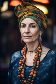A 50-year-old woman of Middle Eastern descent haggles with vendors at a marketplace. (generative AI)