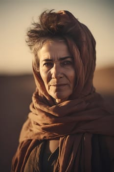 A 50-year-old Middle Eastern woman is being portrayed in a vast desert landscape. (generative AI)