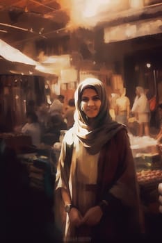 A 50-year-old woman of Middle Eastern descent haggles with vendors at a marketplace. (generative AI)