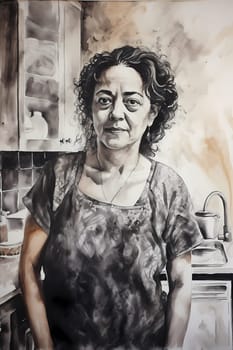 A 50 year old Latina woman is being portrayed in a cozy kitchen. (generative AI)