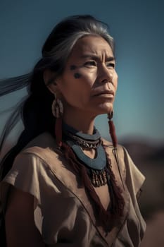 A 50-year-old Native American woman stands in front of a wide desert landscape with a serious expression. (generative AI)