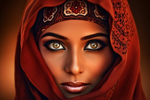 A 50-year-old Native American woman stands in front of a wide desert landscape with a serious expression. (generative AI)