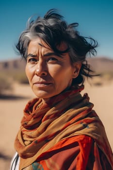 A 50-year-old Native American woman stands in front of a wide desert landscape with a serious expression. (generative AI)