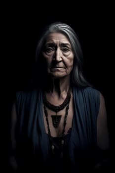 A 50-year-old Native American woman stands in front of a wide desert landscape with a serious expression. (generative AI)