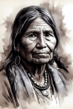 A 50-year-old Native American woman stands in front of a wide desert landscape with a serious expression. (generative AI)