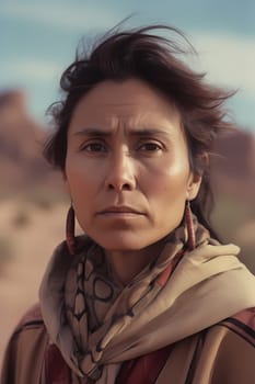 A 50-year-old Native American woman stands in front of a wide desert landscape with a serious expression. (generative AI)