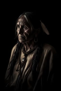 A 50-year-old Native American woman stands in front of a wide desert landscape with a serious expression. (generative AI)