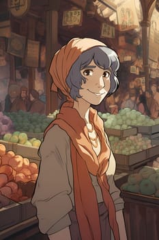 50-year-old Middle Eastern woman beams with a smile as she shops in a vibrant spice market. (generative AI)