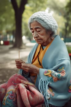 A 50-year-old Mexican woman is depicted knitting in a park surrounded by nature (generative AI)