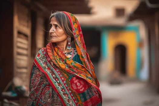 50-year-old Middle Eastern woman beams with a smile as she shops in a vibrant spice market. (generative AI)