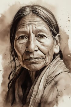 A 50-year-old Native American woman stands in front of a wide desert landscape with a serious expression. (generative AI)