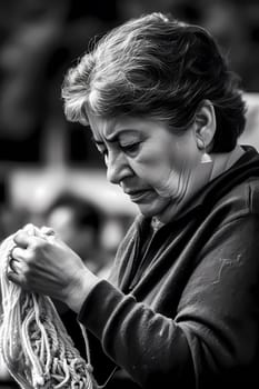 A 50-year-old Mexican woman is depicted knitting in a park surrounded by nature (generative AI)