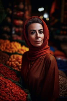 50-year-old Middle Eastern woman beams with a smile as she shops in a vibrant spice market. (generative AI)