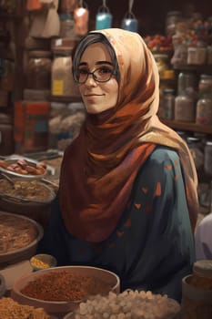 50-year-old Middle Eastern woman beams with a smile as she shops in a vibrant spice market. (generative AI)