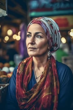 A 50-year-old woman of Middle Eastern descent haggles with vendors at a marketplace. (generative AI)