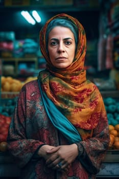 A 50-year-old woman of Middle Eastern descent haggles with vendors at a marketplace. (generative AI)