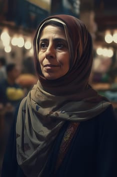 50-year-old Middle Eastern woman beams with a smile as she shops in a vibrant spice market. (generative AI)