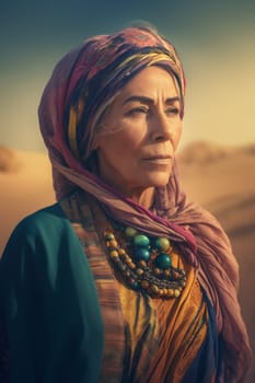 A 50-year-old Middle Eastern woman is being portrayed in a vast desert landscape. (generative AI)