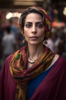 A 50-year-old woman of Middle Eastern descent haggles with vendors at a marketplace. (generative AI)