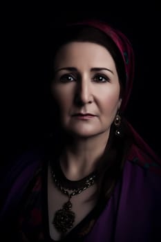 50-year-old Middle Eastern woman beams with a smile as she shops in a vibrant spice market. (generative AI)
