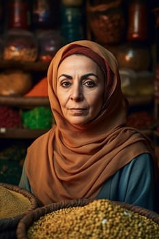 50-year-old Middle Eastern woman beams with a smile as she shops in a vibrant spice market. (generative AI)