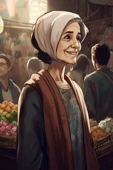 A 50-year-old woman of Middle Eastern descent haggles with vendors at a marketplace. (generative AI)